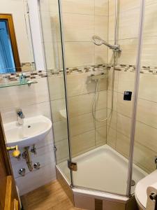 a bathroom with a shower and a sink at Gästehaus Goldenes Lamm in Rothenburg ob der Tauber +17 photos