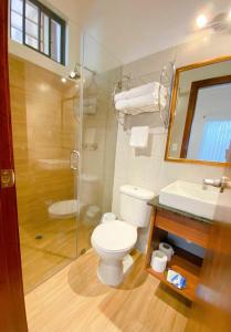 a bathroom with a toilet and a shower and a sink at Hospedaje en Quito Norte, Apartamento & Suite independientes in Quito +25 photos