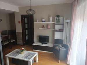 a living room with a blue chair and a tv at Ávila Flats Soterraña in Ávila