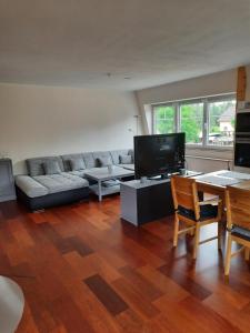 sala de estar con sofá y TV en Apartment im OG zwischen See und Wald mit großem Garten, en Bestensee