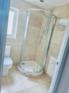 a shower in a bathroom with a toilet at Remus B&B in Lochgelly