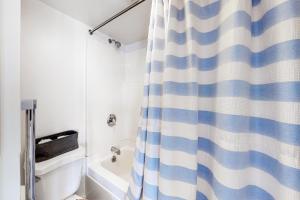 La salle de bains est pourvue d'un rideau de douche bleu et blanc. dans l'établissement Sand & Beach Within Reach, à North Truro