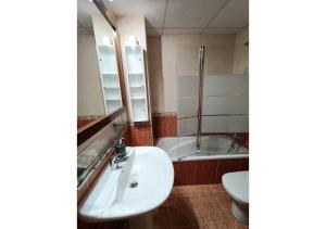 uma casa de banho com um lavatório, um WC e um espelho. em Bilbilis de Mundobriga em Calatayud