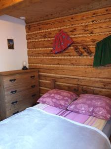 a bedroom with a bed and a wooden wall at Izba w centrum miasta in Zakopane
