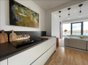 ein Wohnzimmer mit einer Couch und einem Gemälde an der Wand in der Unterkunft Modernes Apartment mit wunderschonem Rheinblick in Urmitz