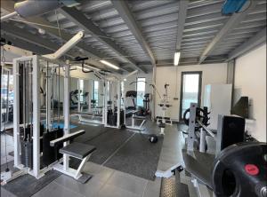 Das Fitnesscenter und/oder die Fitnesseinrichtungen in der Unterkunft Modernes Apartment mit wunderschonem Rheinblick
