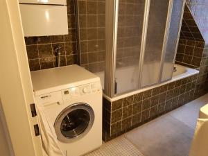 y baño pequeño con lavadora y secadora. en Oldtown City Apartments Düsseldorf, en Düsseldorf