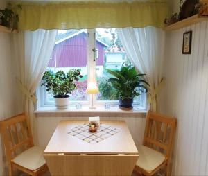 einen Tisch und zwei Stühle in einem Zimmer mit Fenster in der Unterkunft Apartments "Ecohouse" nearby Håverud Dalsland Sweden in Åsensbruk