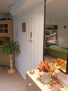 ein Wohnzimmer mit einem Tisch und einem Spiegel in der Unterkunft Apartments "Ecohouse" nearby Håverud Dalsland Sweden in Åsensbruk