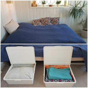 2 Bilder eines Schlafzimmers mit einem Bett in der Unterkunft Apartments "Ecohouse" nearby Håverud Dalsland Sweden in Åsensbruk