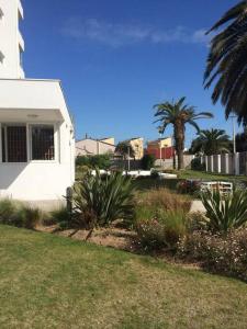 una casa blanca con palmeras en un patio en Condominio Terrazas del Sol, La Serena, en La Serena