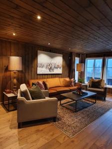 ein Wohnzimmer mit einem Sofa und einem Tisch in der Unterkunft New cabin at Lifjell perfectly located for hiking with sauna and ski-in/ski-out in Bø