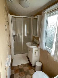a bathroom with a shower and a toilet and a sink at Happy Days Holiday Home Whithorn2 in Newton Stewart