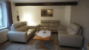 a living room with two couches and a coffee table at La Maison De L'union in Gérardmer