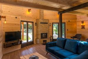 a living room with a blue couch and a fireplace at Brvnara PETRA in Mitrovac