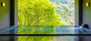 a pool in a building with a view of trees at Iya Onsen in Miyoshi