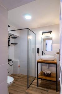 Un baño con lavabo, inodoro y espejo. en Villa Prespa, en Dolno Dupeni