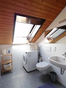 a bathroom with a white toilet and a sink at Ferienwohnung Magnolie in Langenargen in Langenargen