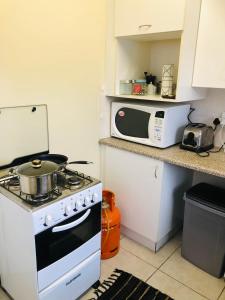 a kitchen with a stove and a microwave at Lovely self catering first floor apartment in Roodepoort