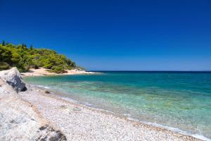 a beach with blue water and trees on the shore at Aria Apartments in Spetses