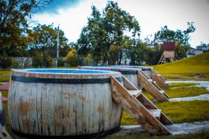 a wooden barrel with a pool in a park at Schuchmann Wines Château,Villas & SPA in Telavi
