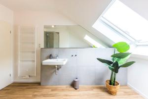 La salle de bains est pourvue d'un lavabo et d'une plante en pot. dans l'établissement Glück Auf Appartements Kaiserstraße Mülheim, à Mülheim