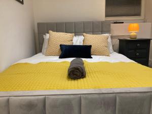 a gray dog laying on a yellow blanket on a bed at THE GARDEN - LONG STAY OFFER - Priv GARDEN in Strood