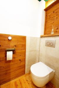 een badkamer met een toilet en een houten muur bij Alpen Apartment Werfenweng - Ruhe - Pool in Werfenweng