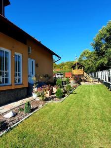 a backyard of a house with a yard with plants at Pensiunea Laba Ursului - Medveláb Vendégház in Sovata
