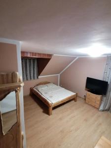um pequeno quarto com uma cama e uma televisão em Pokoje Gościnne Alexandra em Stronie Śląskie
