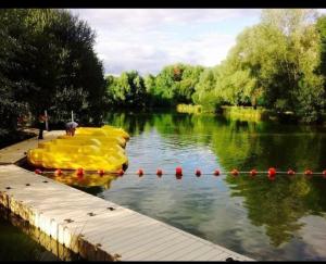 a yellow boat in the water next to a dock at Assist' Mobil Home 377 - Mobil Home 3 chambres 6 Personnes in Onzain