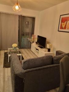 a living room with a couch and a tv at The Symphony Apartment in Liverpool