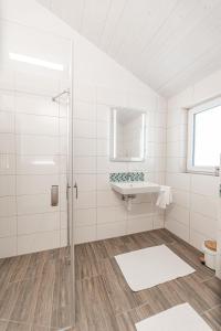 La salle de bains est pourvue d'une douche et d'un lavabo. dans l'établissement Chalets am Badesee Lassing, à Lassing