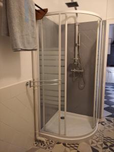 a shower with a glass door in a bathroom at Gite de l'Arbalète in Autun