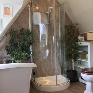 een badkamer met een douche, een toilet en een wastafel bij The Lodge in Cressbrook
