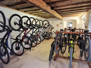 Un tas de vélos sont alignés contre un mur dans l'établissement Landhotel Agathawirt, à Bad Goisern