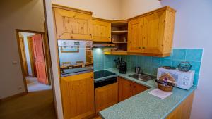 アーク 1950にあるArc 1950, Sources de Marie, 6-8 personnes, 70 m2, calme et spacieux, au pied des pistes, classement 5 Cristaux Paradiskiの小さなキッチン(木製キャビネット、シンク付)