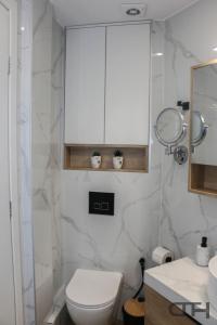 La salle de bains blanche est pourvue de toilettes et d'un miroir. dans l'établissement Luxury 80m2 apartment with balcony downtown Thessaloniki, à Thessalonique