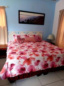 1 dormitorio con 1 cama con colcha rosada de flores en 36 Df Strauss Street, en Kleinmond