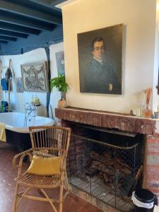 a living room with a fireplace and a portrait of a man at La Ferme du Val de Lys in Nolléval