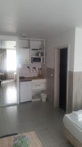 eine weiße Küche mit einem Waschbecken und einem WC in der Unterkunft S-HOF in Sonnenbühl
