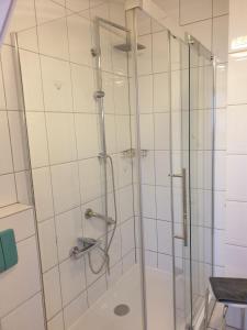 La salle de bains est pourvue d'une douche avec une porte en verre. dans l'établissement Calabria Nr 3, à Mülheim