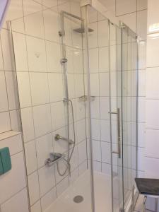 a shower with a glass door in a bathroom at Ferienwohnung Calabria Nr 3 in Mülheim an der Ruhr