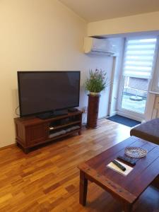 a living room with a flat screen tv and a coffee table at Ferienwohnung Calabria Nr 3 in Mülheim an der Ruhr