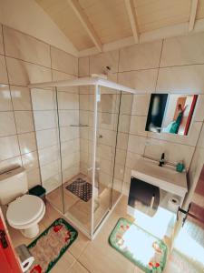 La salle de bains est pourvue de toilettes et d'une douche en verre. dans l'établissement Pousada Paredão dos Canyons, à Praia Grande