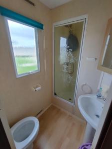 a bathroom with a toilet and a sink and a window at Coastfields Caravan Site Ingoldmells Sleeps 8 in Ingoldmells