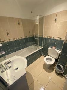 La salle de bains est pourvue de toilettes, d'un lavabo et d'une baignoire. dans l'établissement Residence Chatillon, à Paris