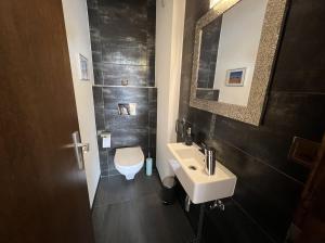 ein Badezimmer mit einem weißen Waschbecken und einem WC in der Unterkunft Bel appartement 3 pièces au pied des pistes de ski in Crans-Montana