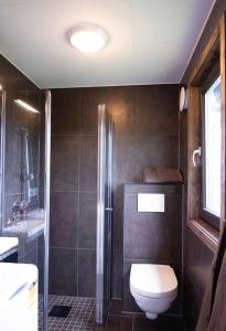 a bathroom with a toilet and a shower and a sink at Atlantic View Ingerstua in Frei