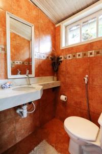 ein Badezimmer mit einem WC, einem Waschbecken und einem Spiegel in der Unterkunft Casa da Vila in Tiradentes
